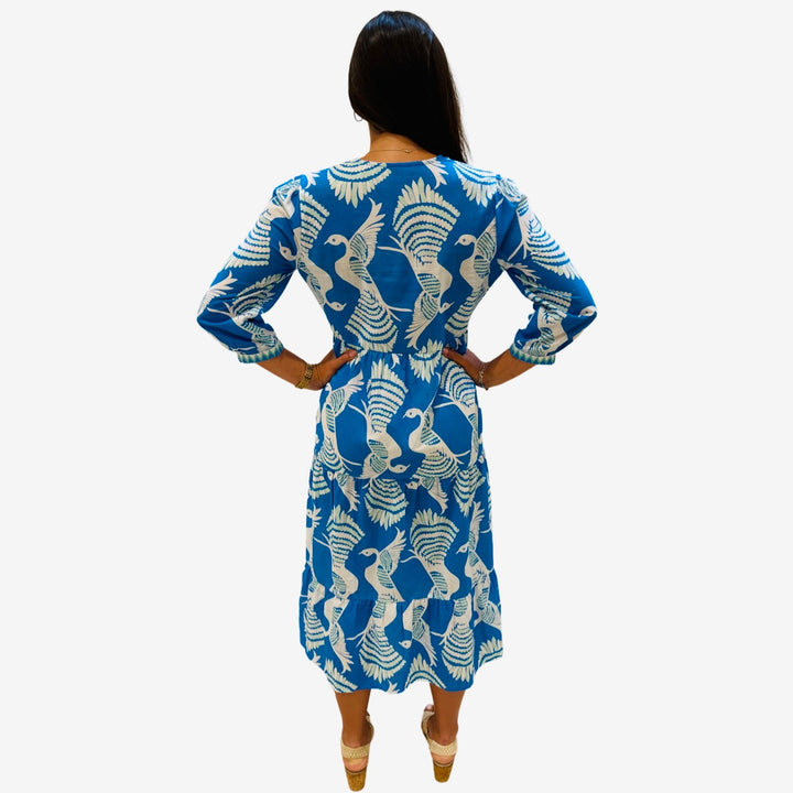 The Daniella Embroidered Trim Cotton Dress in Blue Green Bird Print — view 5