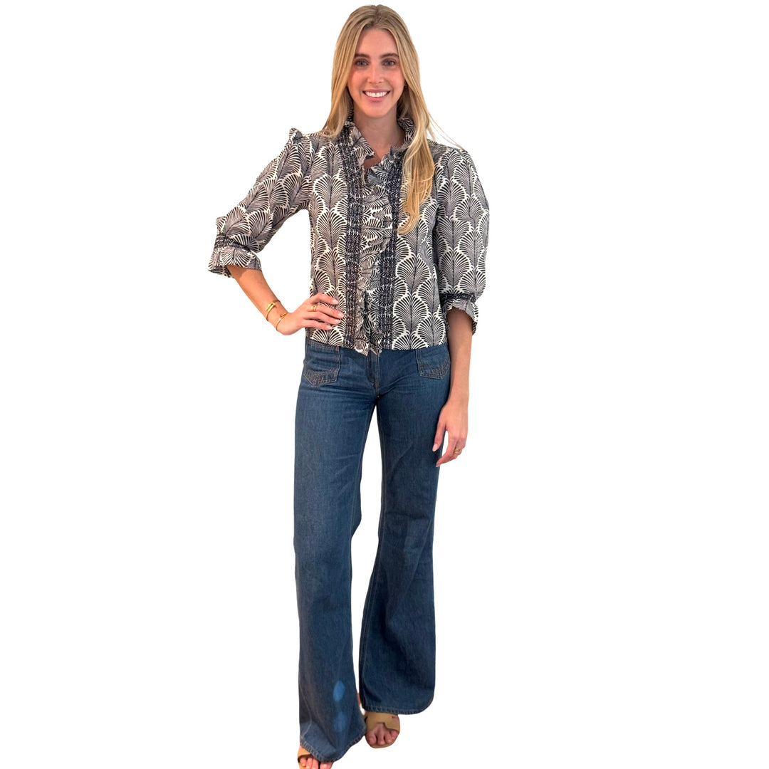 The Amelia Ruffle Front Top in Navy and White — view 2