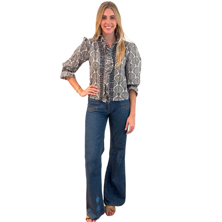 The Amelia Ruffle Front Top in Navy and White — view 2