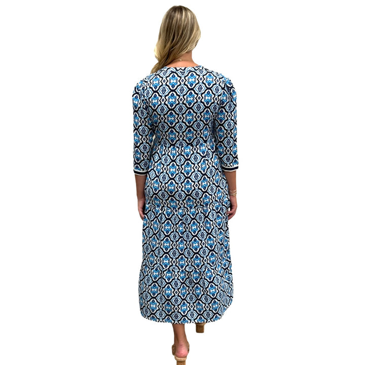 The Addison Blue White Geometric Tile Print Dress — view 6