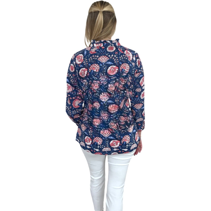 The Embry Blue Hand-Block Printed Button Front Top — view 5