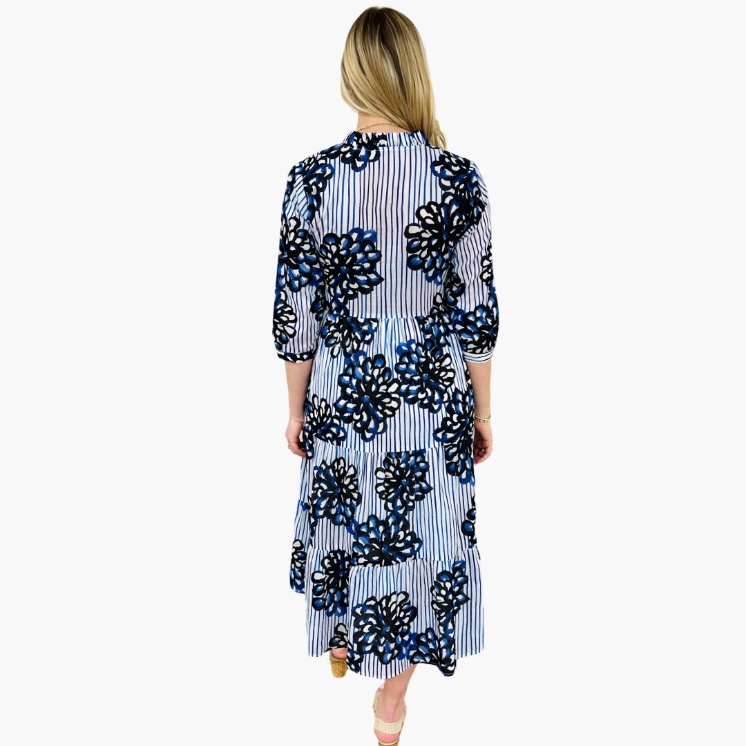 The Campbell Striped Floral 3/4 Sleeve Midi Dress in Blue and White – Liza  Byrd