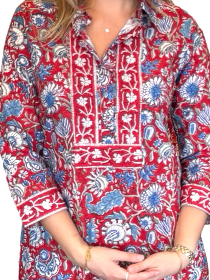 The Annika Shirt Dress in Red Blue Hand Block Printed Floral