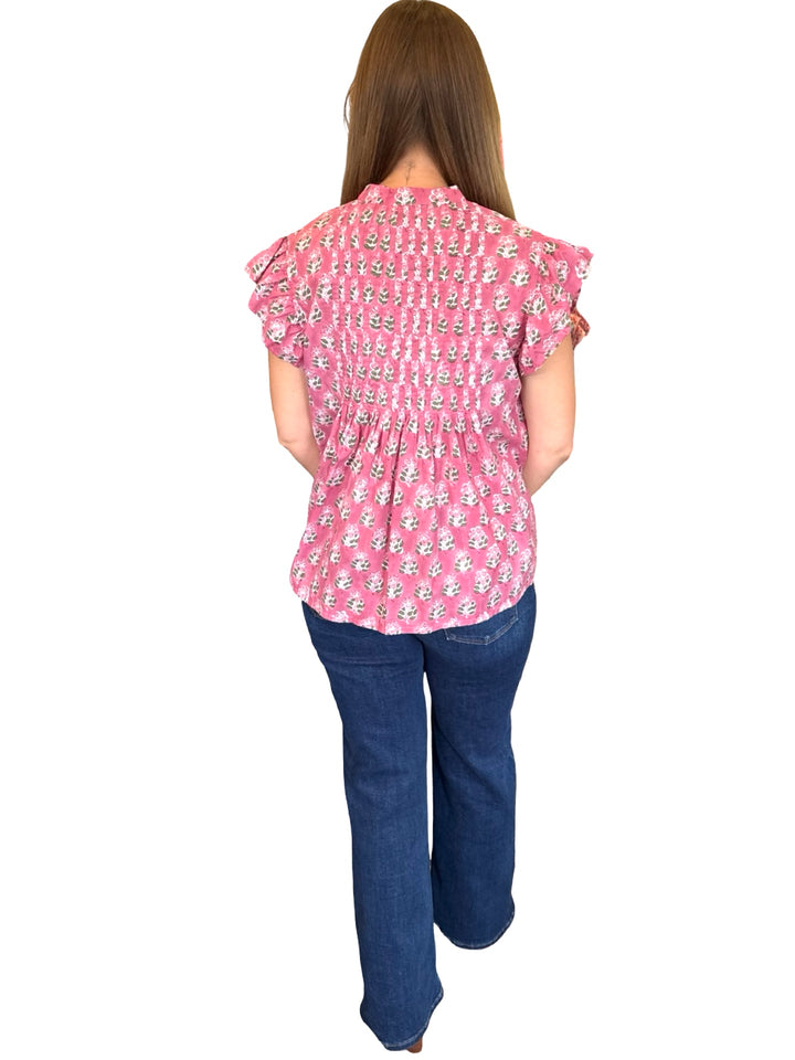 The Ava Pintuck Cotton Top in Rase Pink Hand Block Printed Floral