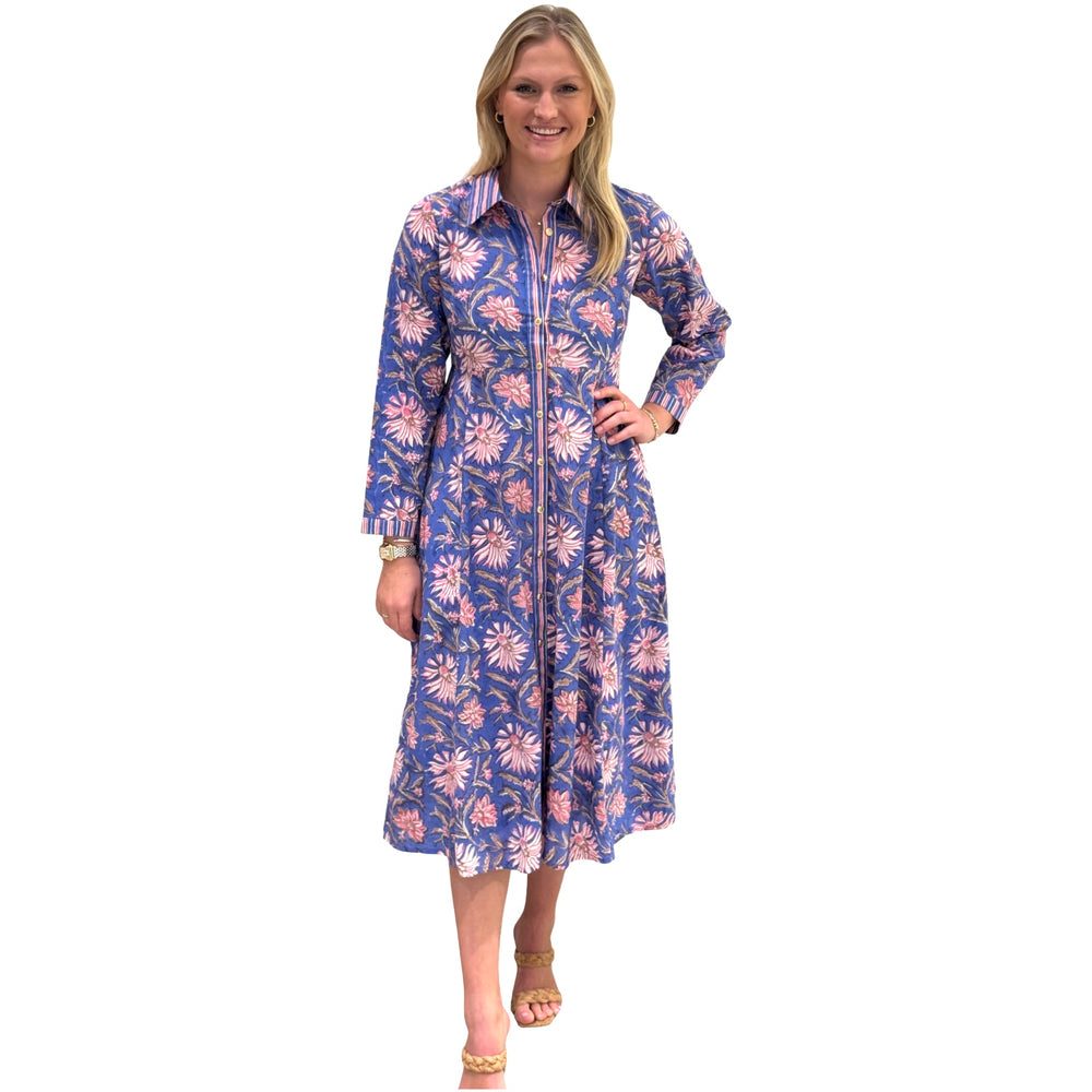 The Marion Lavender Blue and Pink Floral Hand Block Printed Dress — view 2