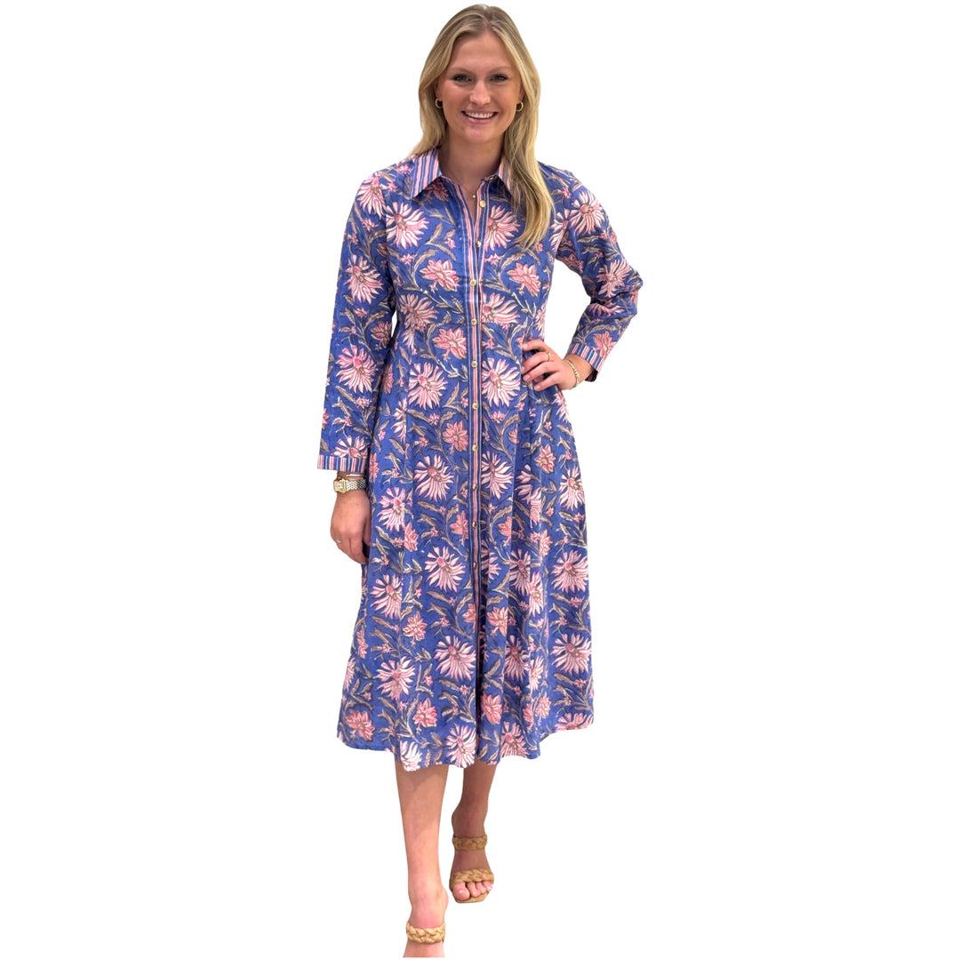 The Marion Lavender Blue and Pink Floral Hand Block Printed Dress — view 2
