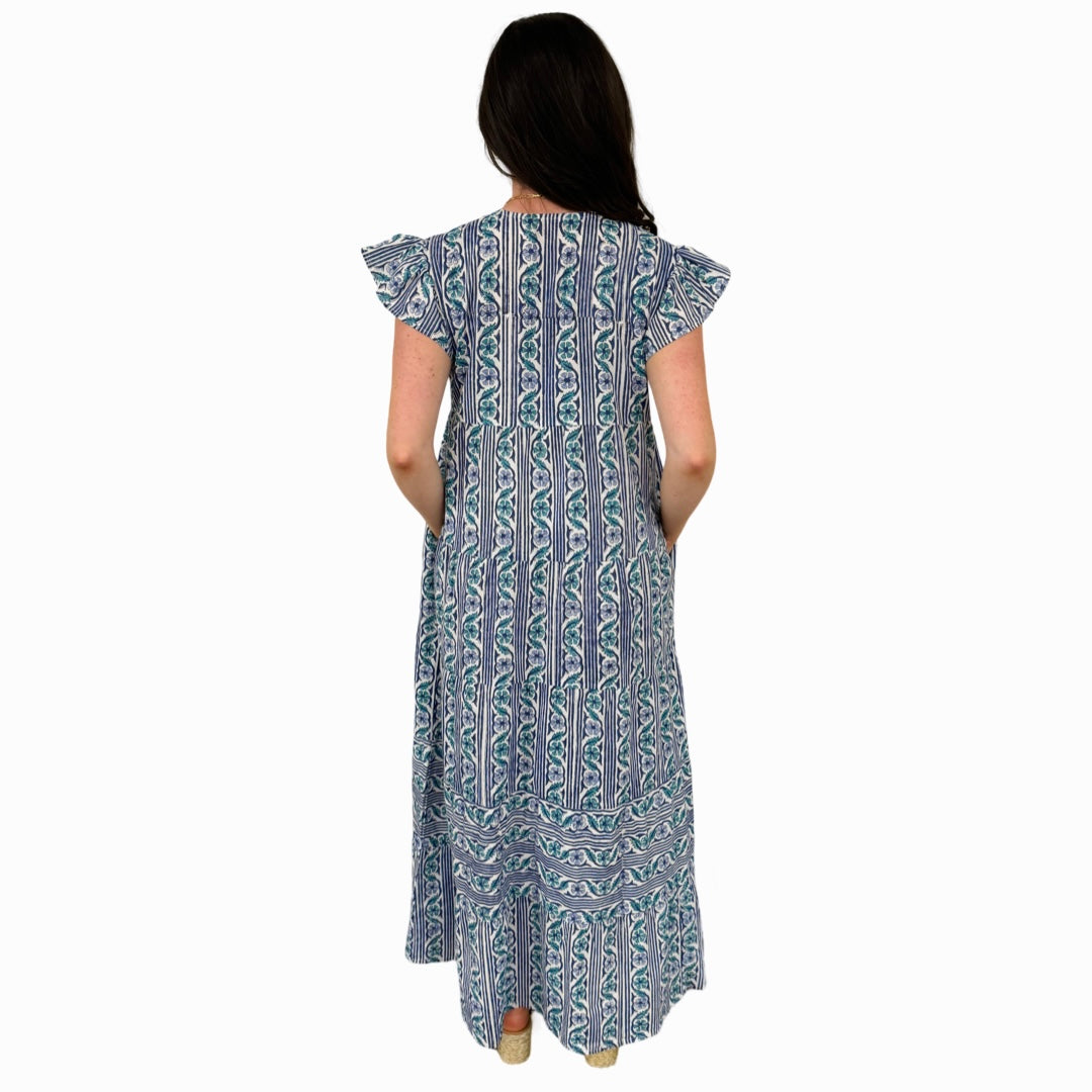 The Isabella Long Flutter Sleeve Maxi Dress in Green Blue Hand-Block — view 5