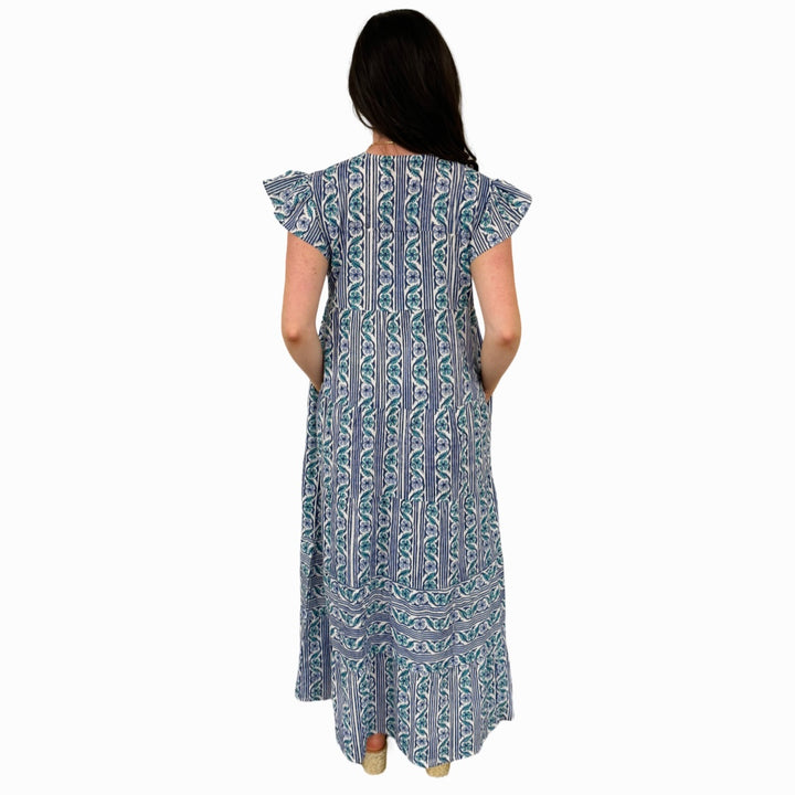 The Isabella Long Flutter Sleeve Maxi Dress in Green Blue Hand-Block — view 5