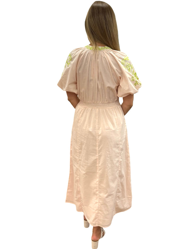 The Gabby Long Cotton Embroidered Dress in Soft Pink Sand — view 5
