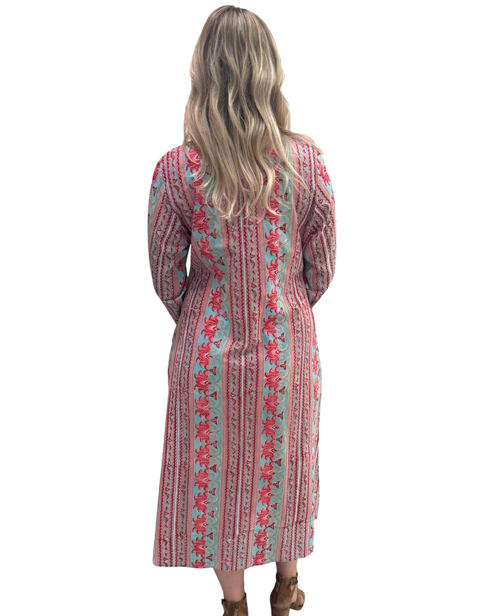 The Erika Button Front Dress in Turquoise and Red Hand-block Printed Cotton — view 5
