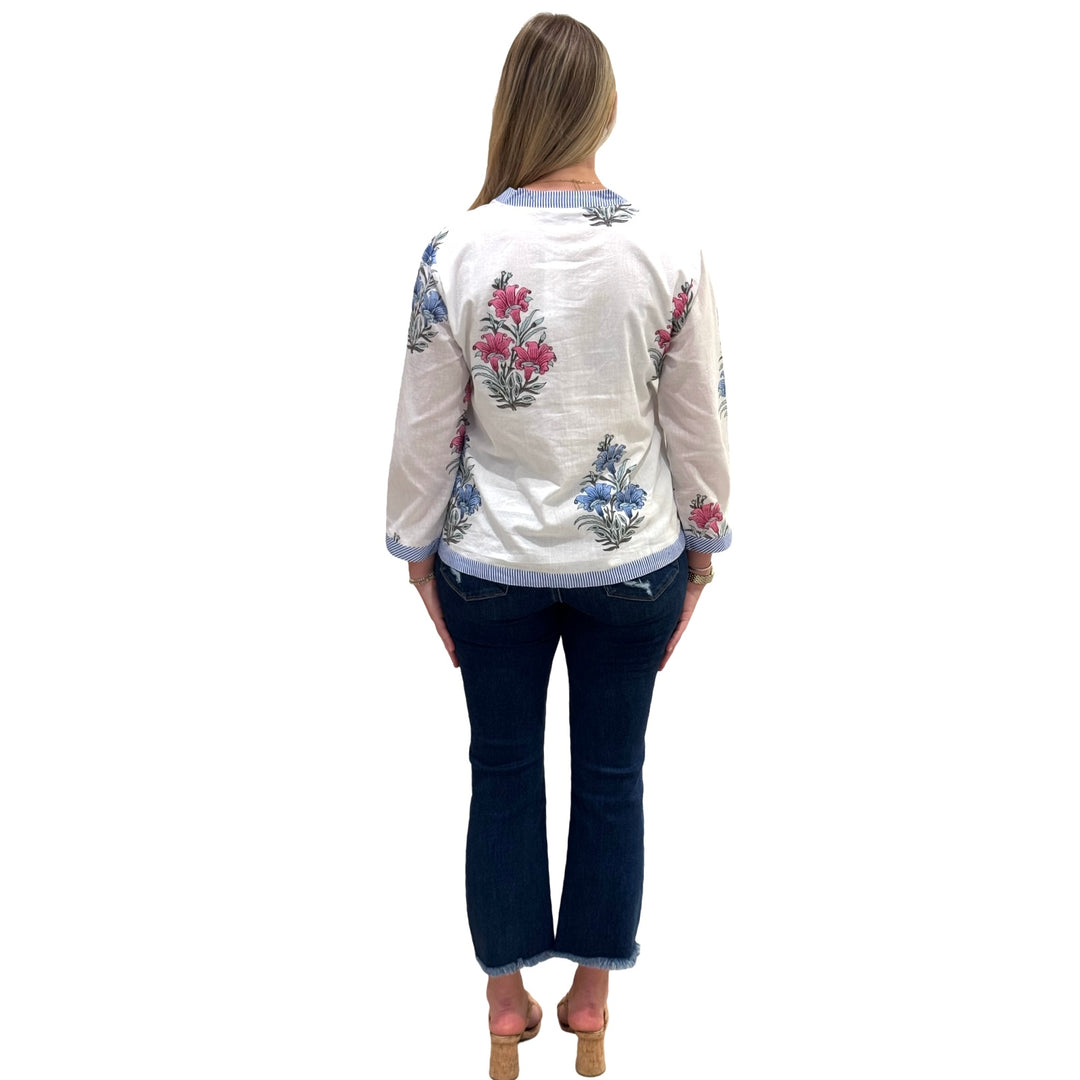 The Kelsea Striped Trim Hand-Blocked Floral Top — view 4