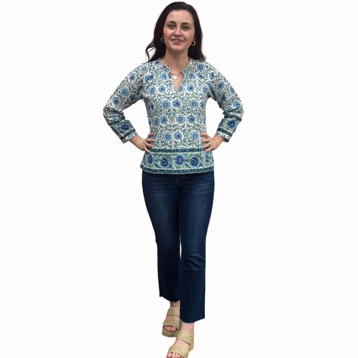 The Dahlia Smocked Neck Top in Blue Green Hand Blocked Cotton