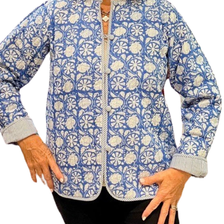 The Madeline Quilted Reversible Jacket in Blue and White Floral — view 7
