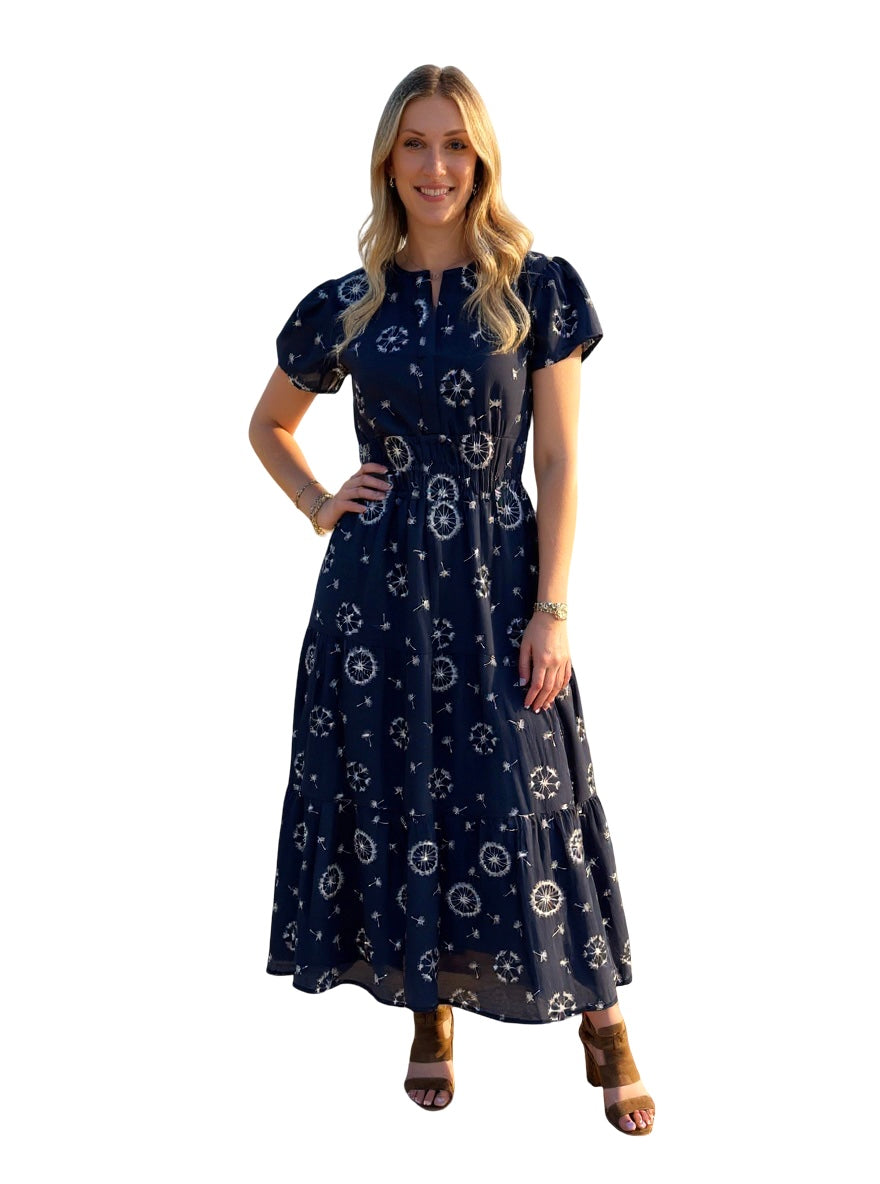 The Sydney Long Cinch Waist Dress in Blue White Embroidered Floral — view 2