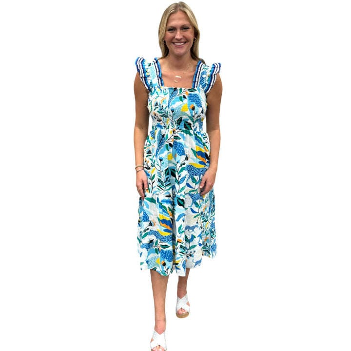 The Cloey Smocked Top Dress in Blue Yellow Multi Panther Print — view 4