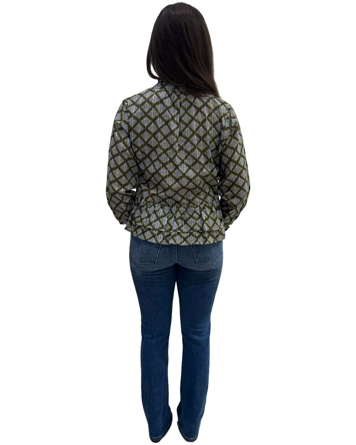 The Bella Ruffle Trim Top in Green Grey Silver Lurex — view 5