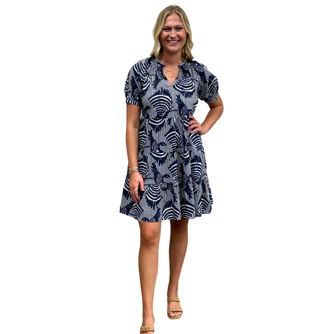 The Dahlia Smocked Neck Dress in Navy Striped Bird Print — view 5