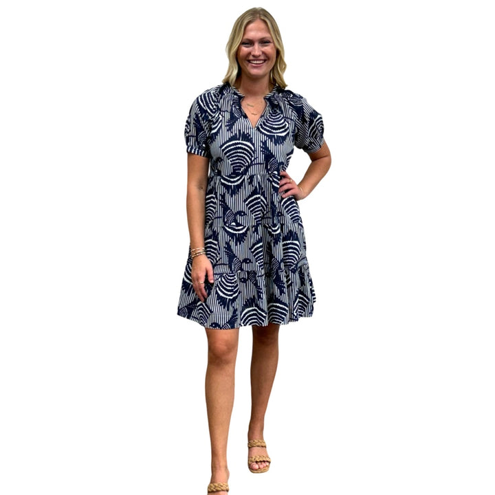 The Dahlia Smocked Neck Dress in Navy Striped Bird Print — view 5