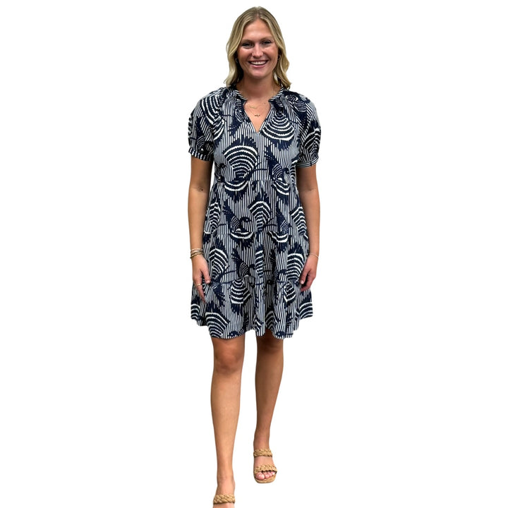 The Dahlia Smocked Neck Dress in Navy Striped Bird Print — view 4