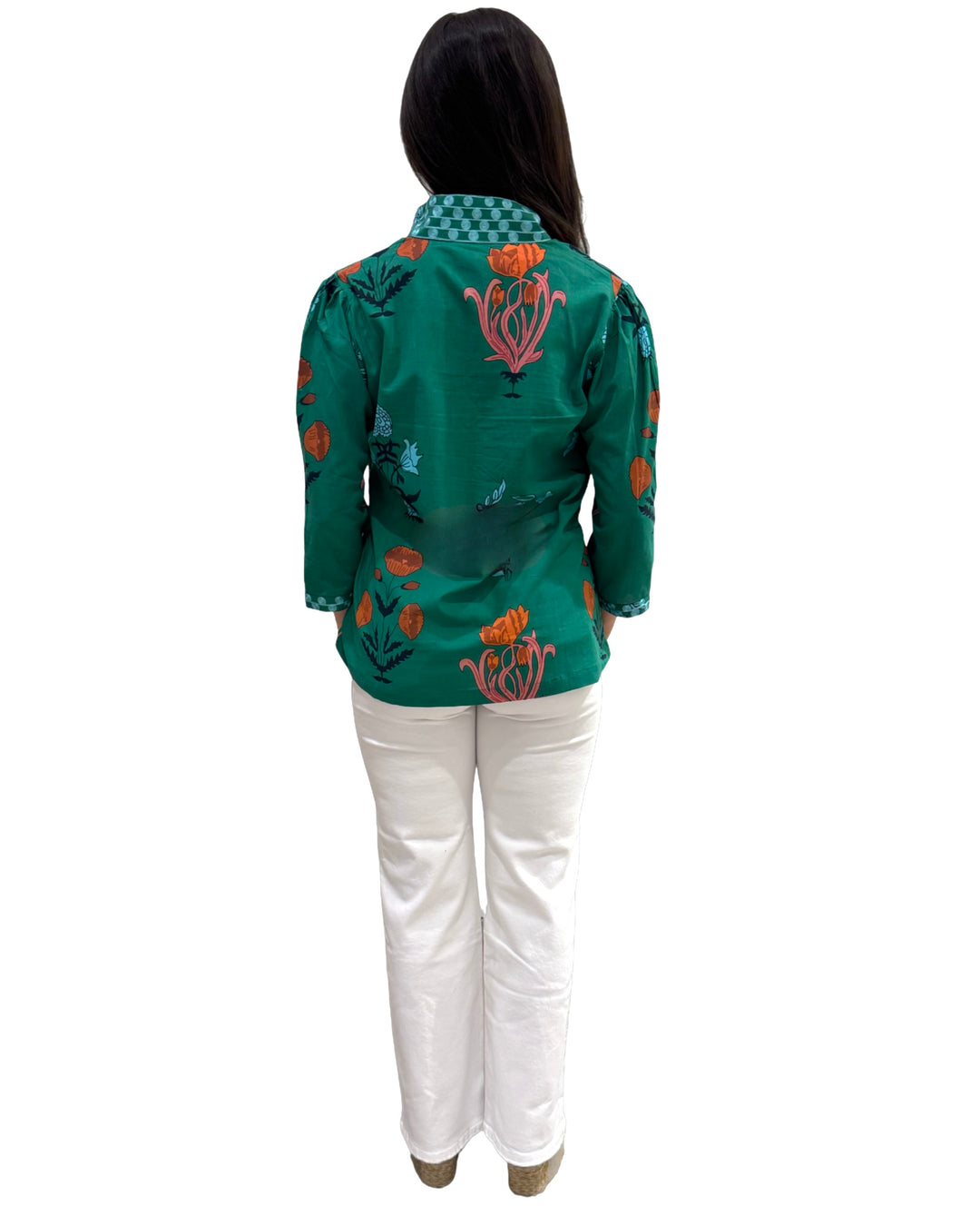 The Shipley Stand Up Collar Top in Green Floral with Embroidery Detailing — view 7