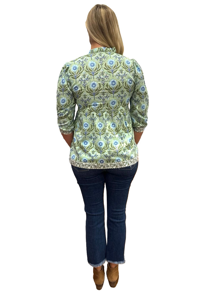 The Mandy Button Front Top in Green Hand-block Printed Floral