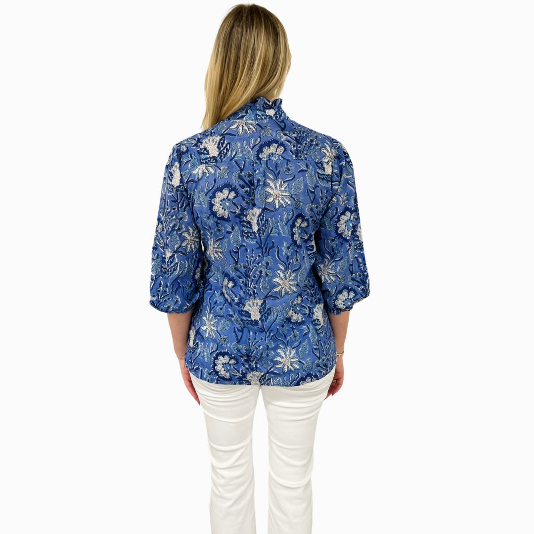 The Tricia Ruffle Trimmed Button Front Top in Blue Hand Blocked Floral — view 6