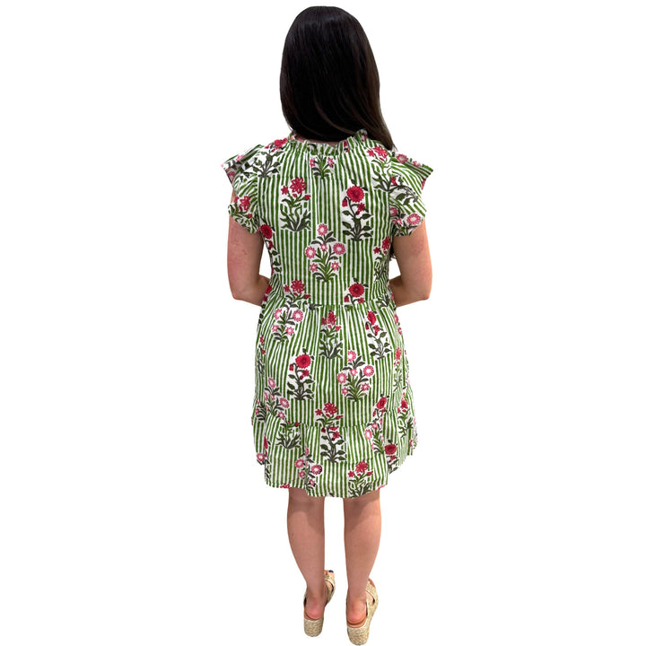 The Tinley Green Striped Floral Cotton Hand Block Printed Dress — view 4