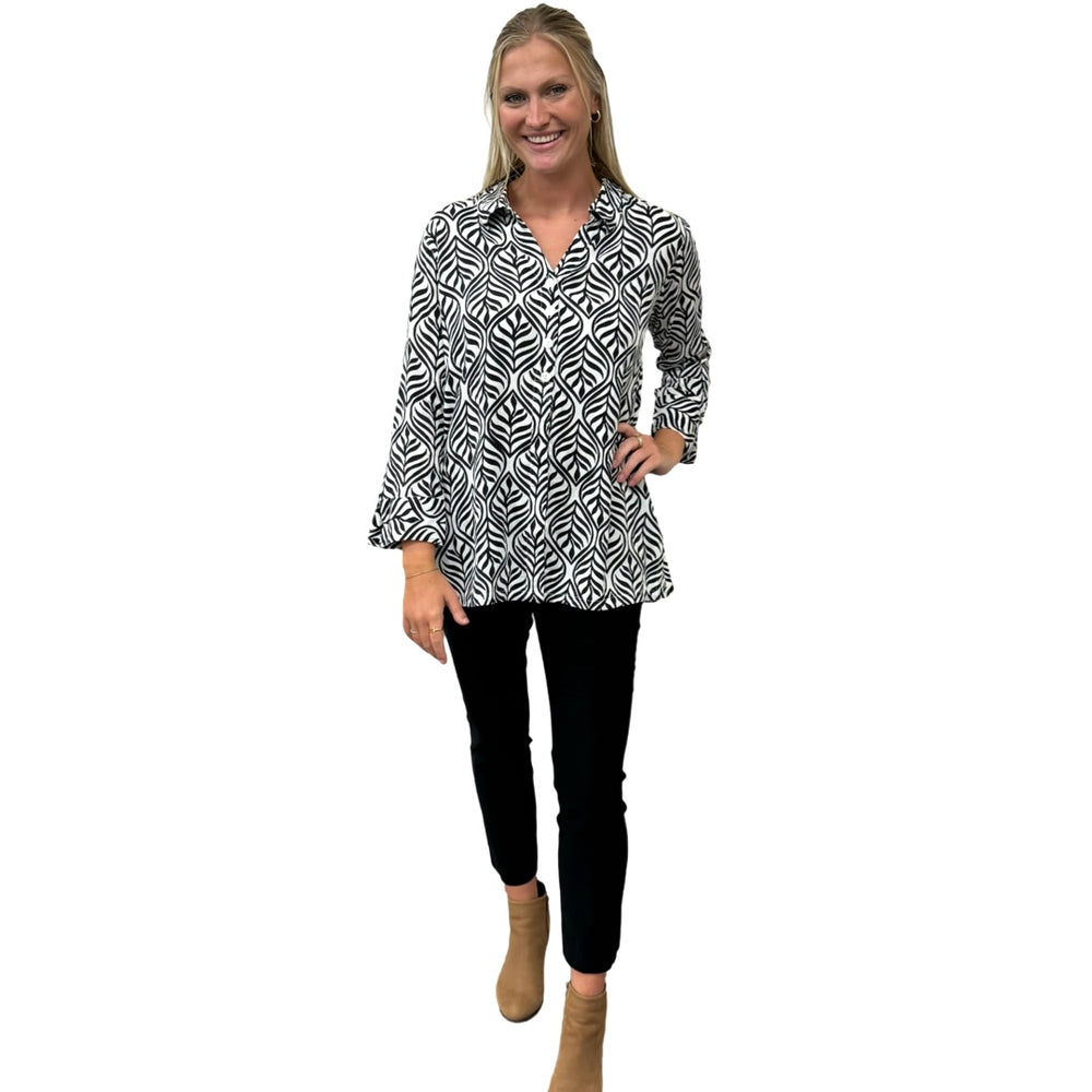 The Mason Button Back Top in Black and White Cotton Jacquard — view 2