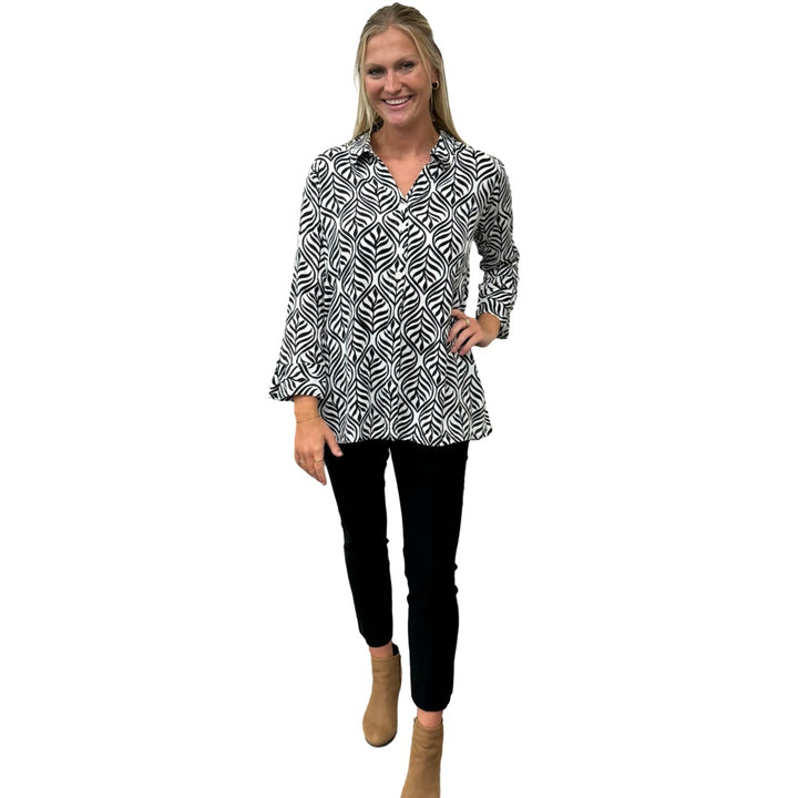 The Mason Button Back Top in Black and White Cotton Jacquard — view 2