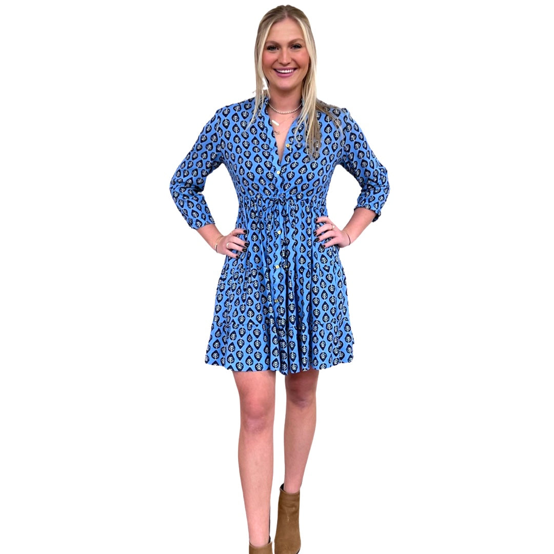 The Hamilton Cinch Tie Vibrant Blue Leaf Dress