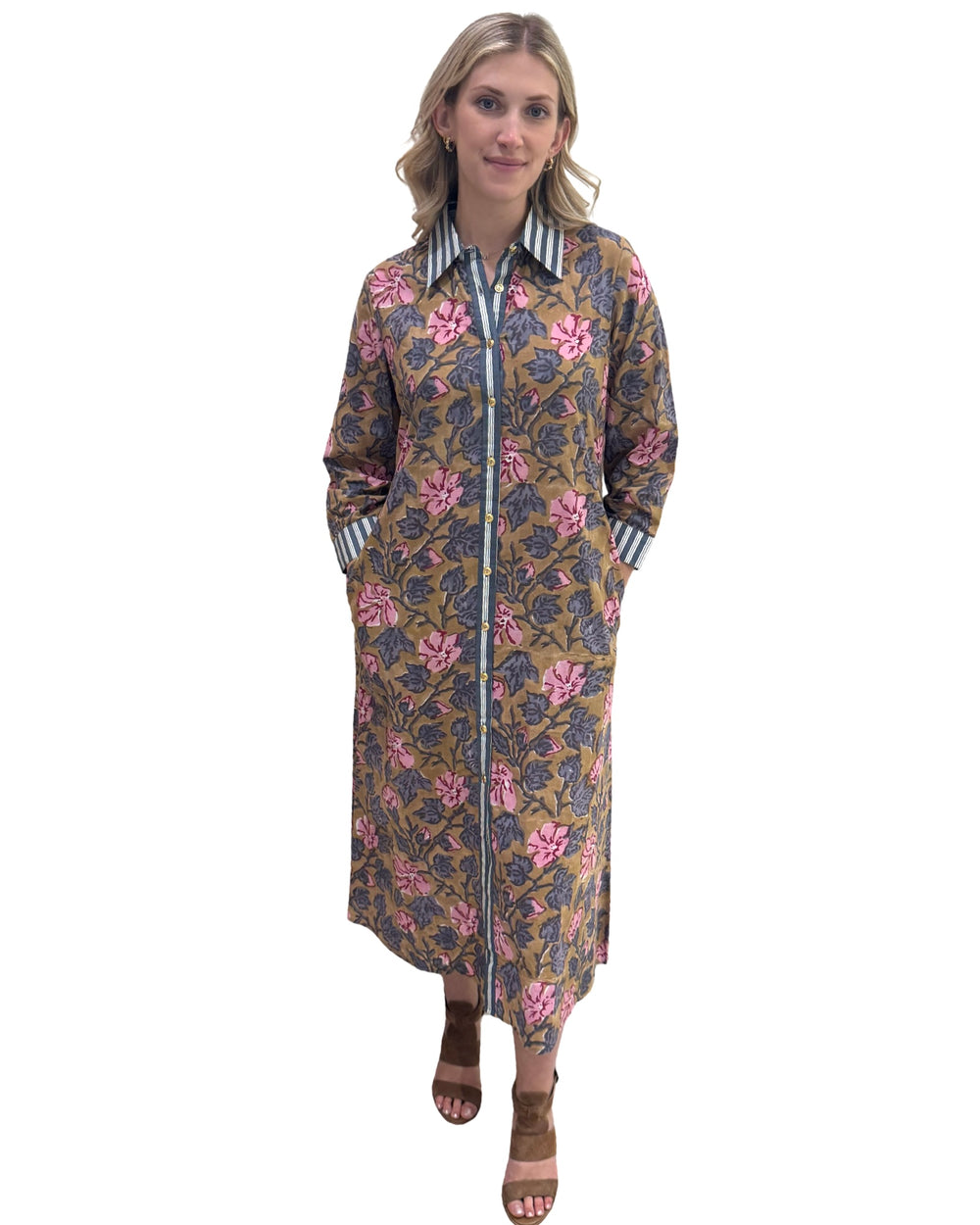 The Erika Dress in Camel Hand Block Printed Floral — view 2