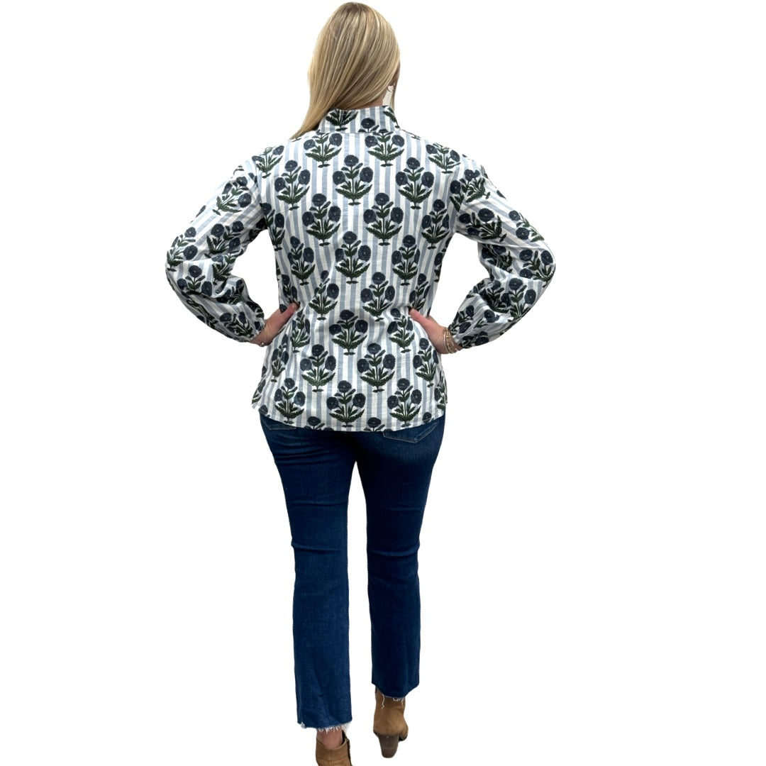 The Phoebe Striped Hand Block Top in Slate Blue — view 6