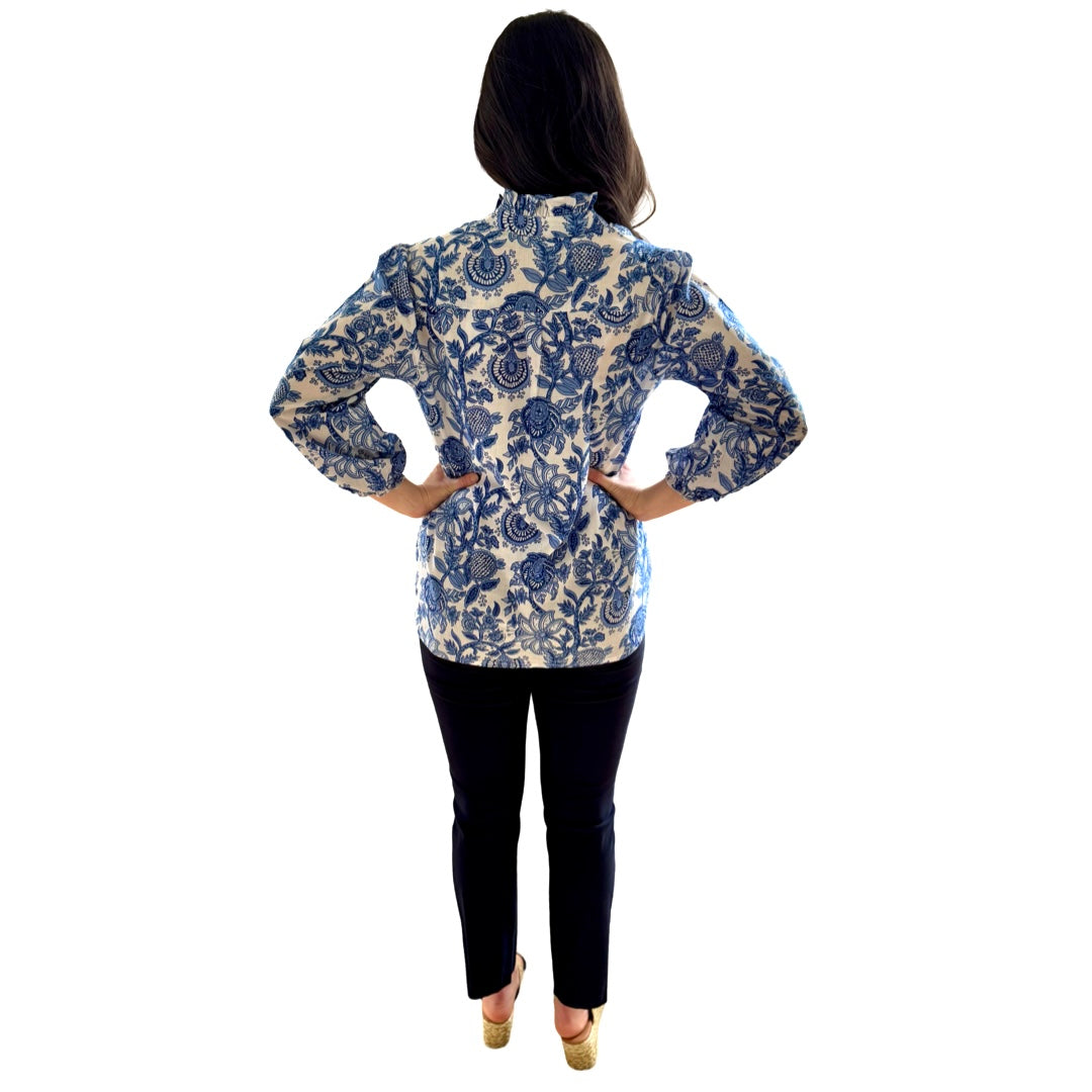 The Tricia Hand Blocked Floral Top in White and Blue Floral — view 10