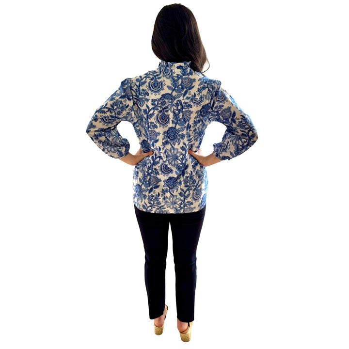 The Tricia Hand Blocked Floral Top in White and Blue Floral — view 10