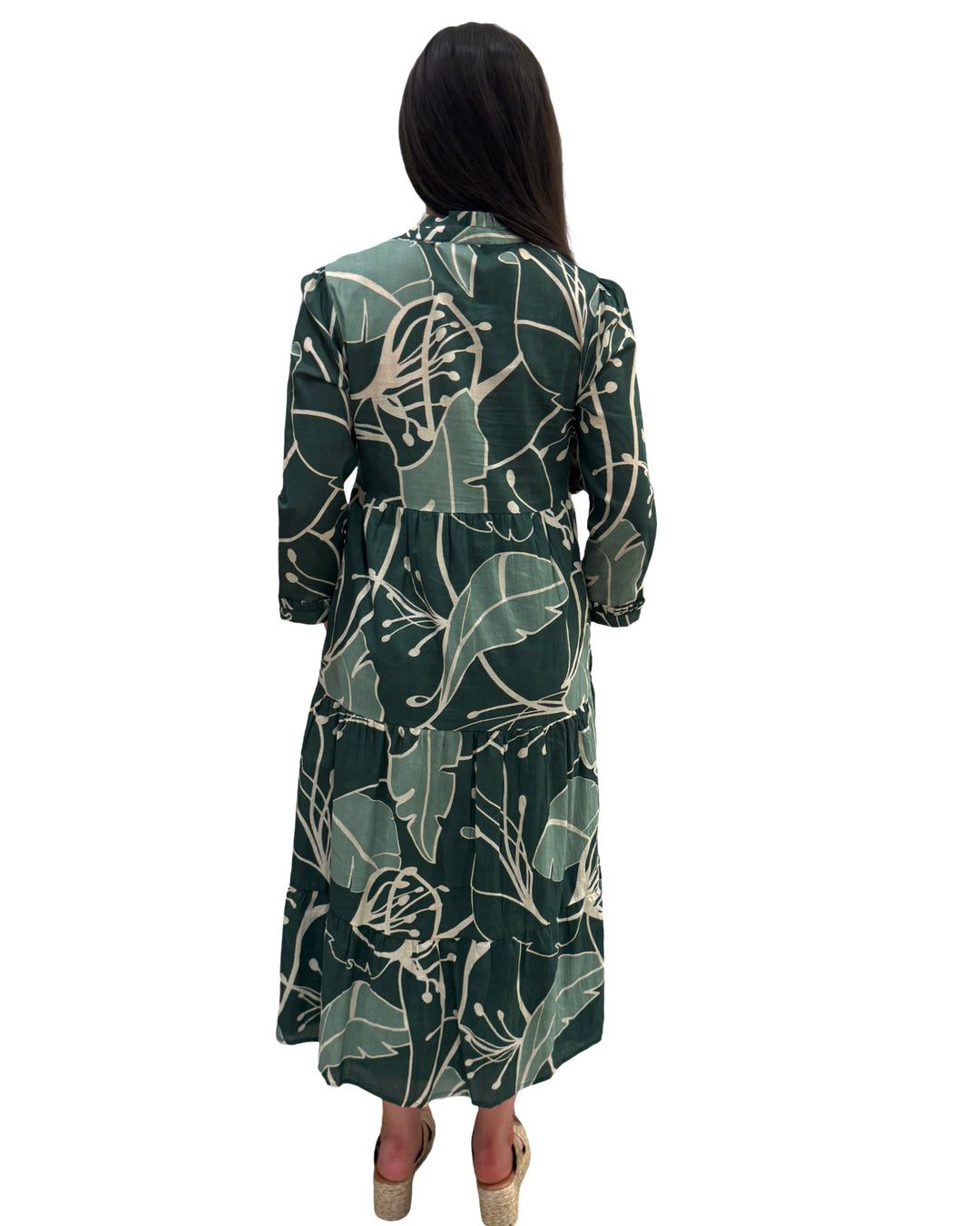 The Penny Long Length Cotton Dress in Tropical Green Abstract Cotton — view 6