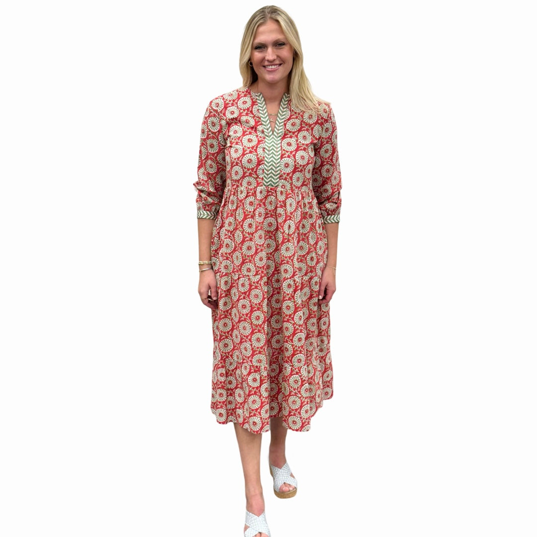 The Daniella Embroidered Trim Dress in Coral and Lime Floral Hand-Blocked Cotton — view 3
