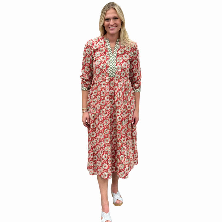 The Daniella Embroidered Trim Dress in Coral and Lime Floral Hand-Blocked Cotton — view 3
