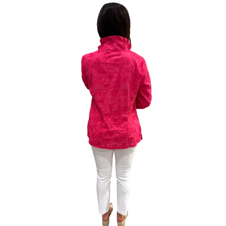 The Diana Stand-Up Collar Embroidered Coral Cotton Button Front Top — view 8