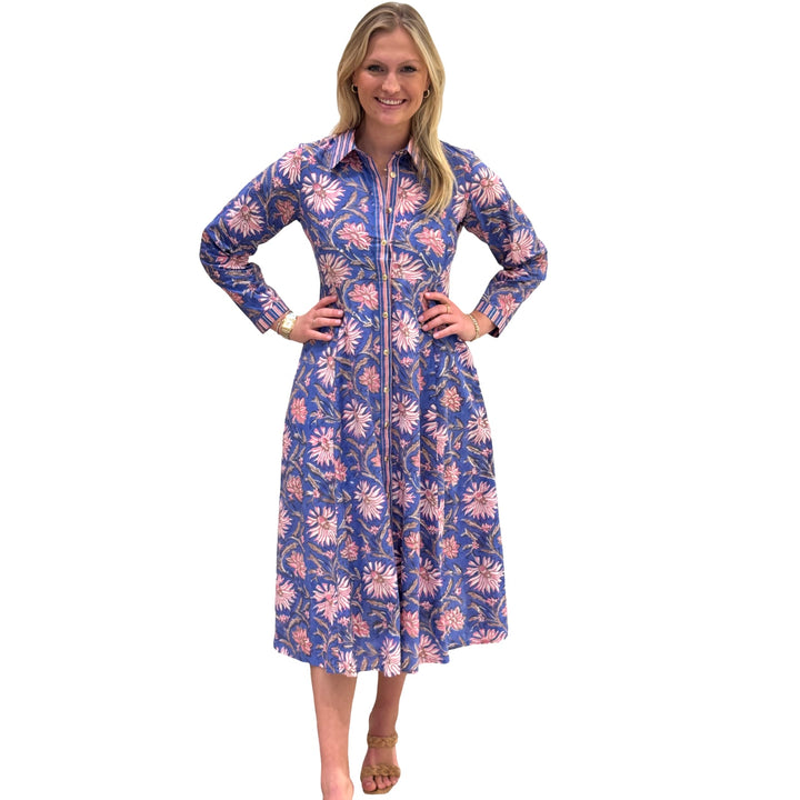 The Marion Lavender Blue and Pink Floral Hand Block Printed Dress