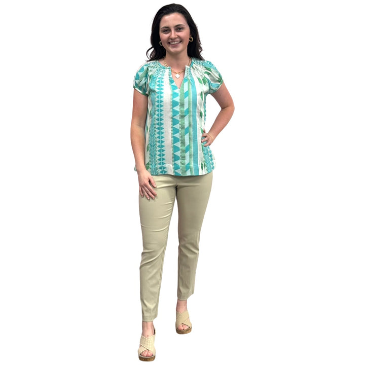 The Michelle Smock Neck Short Sleeve Top in Turquoise and Cream Jacquard — view 8