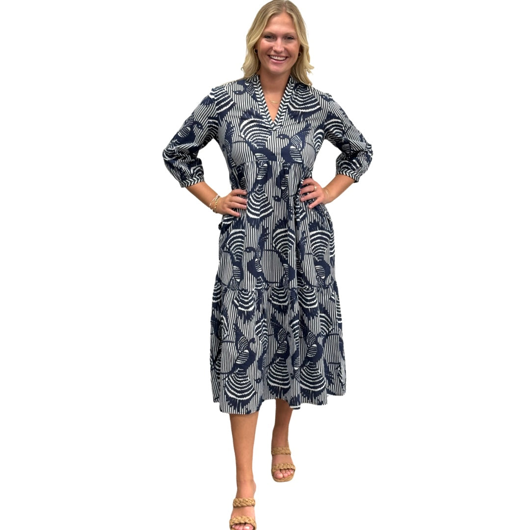 The Morley Striped Bird Print Dress in Navy and White