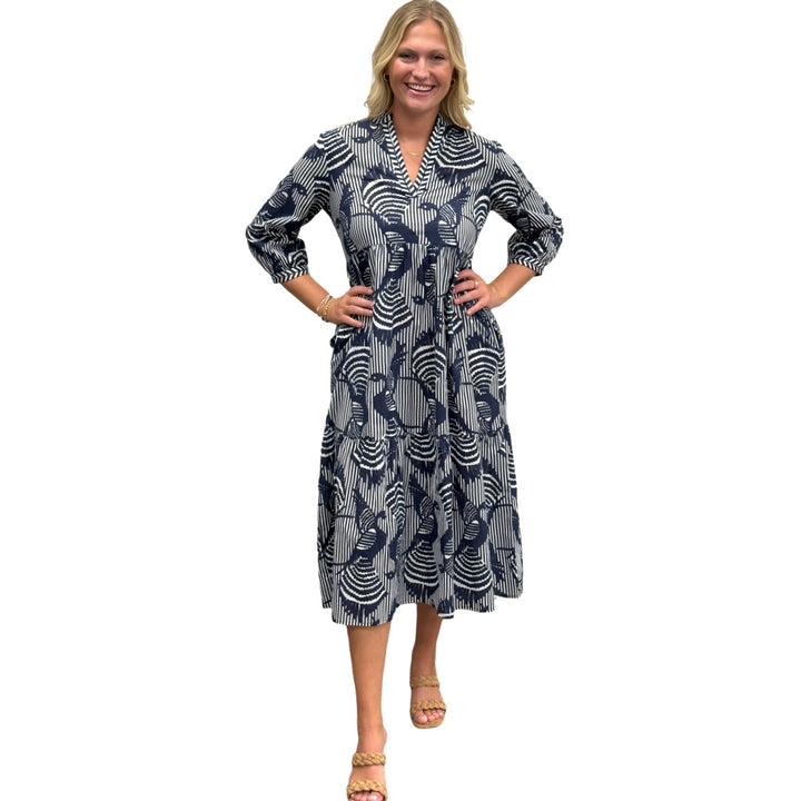 The Morley Striped Bird Print Dress in Navy and White