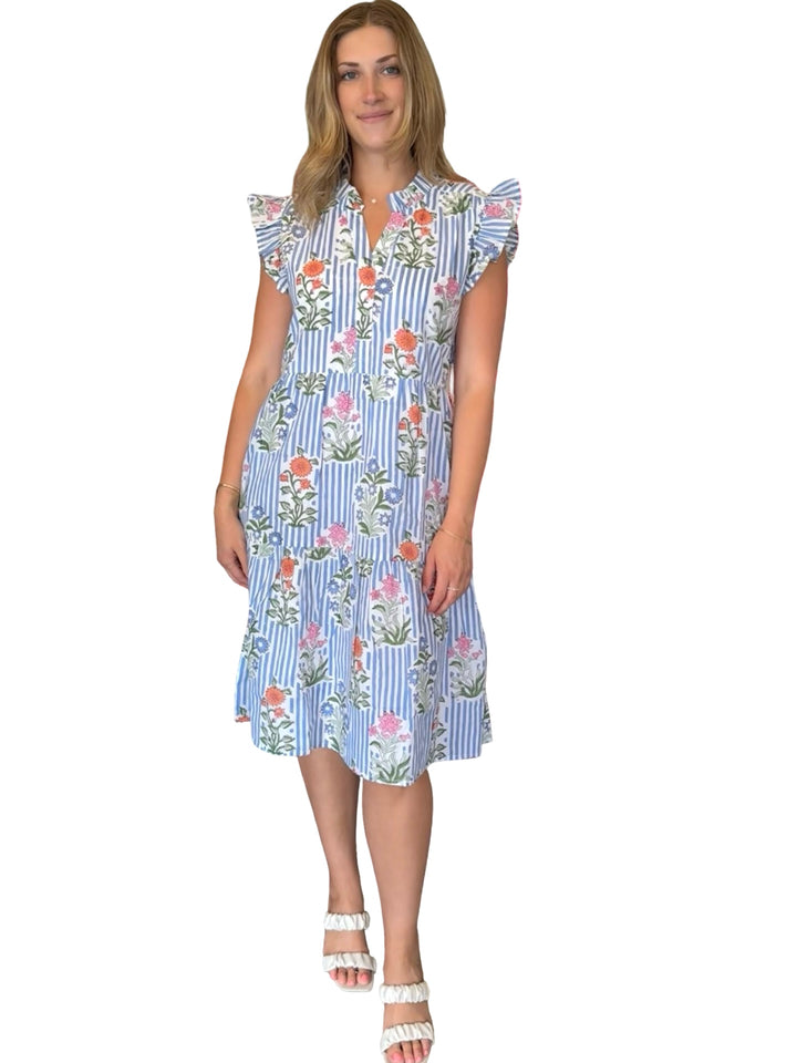 The Campbell Midi Length Flutter Sleeve Dress in Blue Striped Floral — view 4