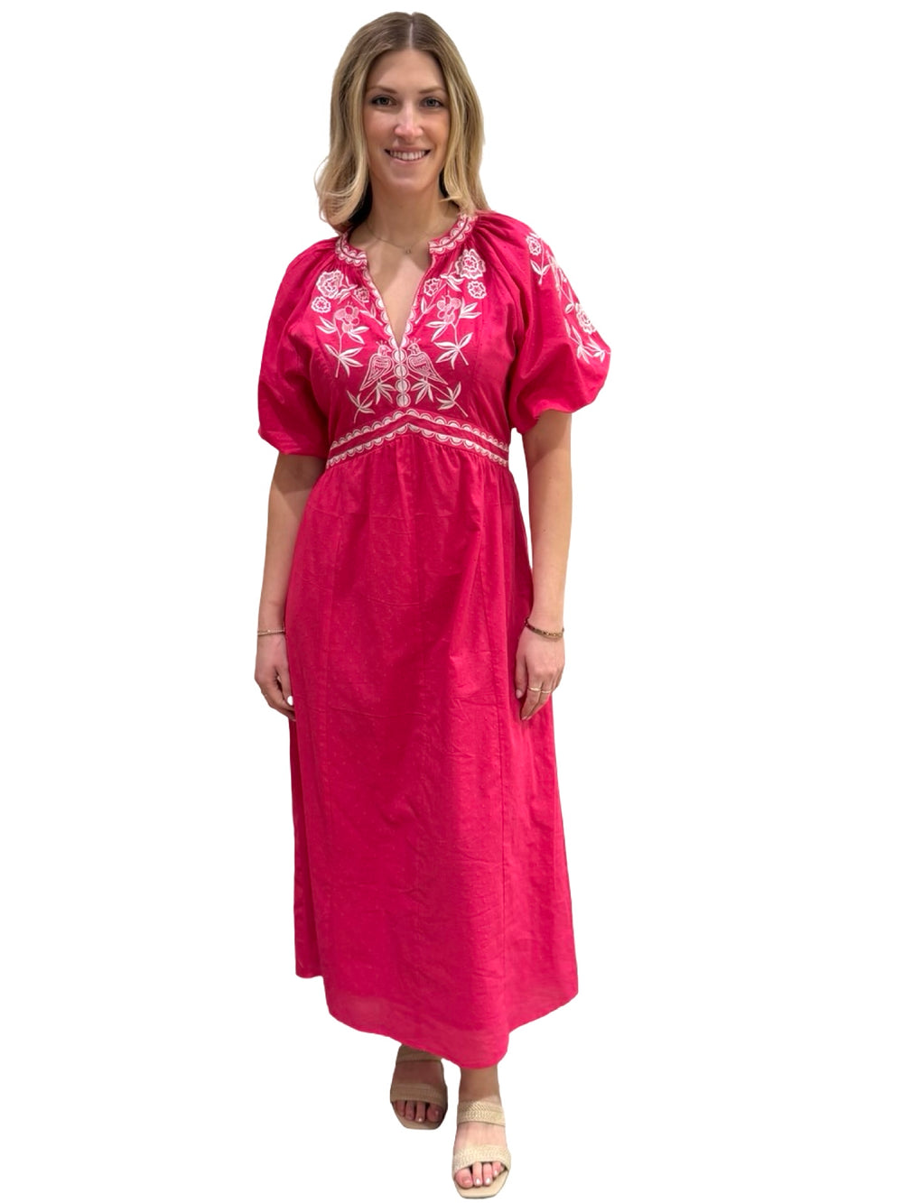 The Gabby Long Embroidered Dress in Hot Pink and White — view 2