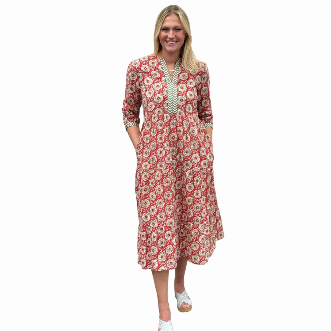 The Daniella Embroidered Trim Dress in Coral and Lime Floral Hand-Blocked Cotton