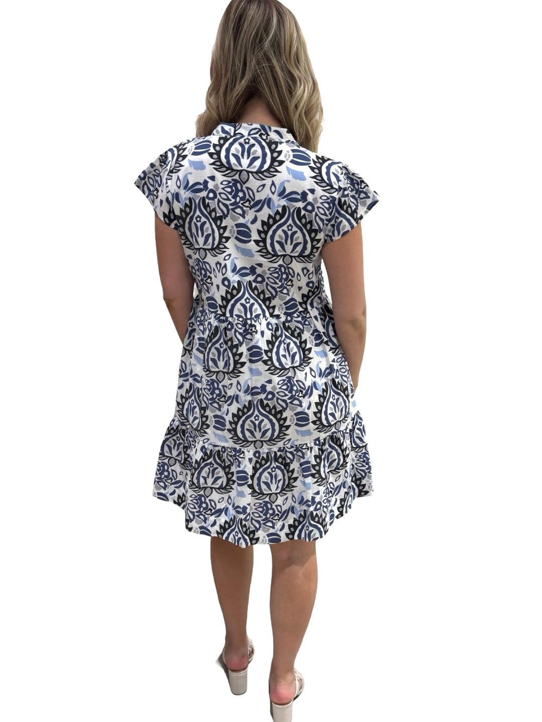 The Preston Short Sleeve Cotton Dress in Abstract Blue — view 4