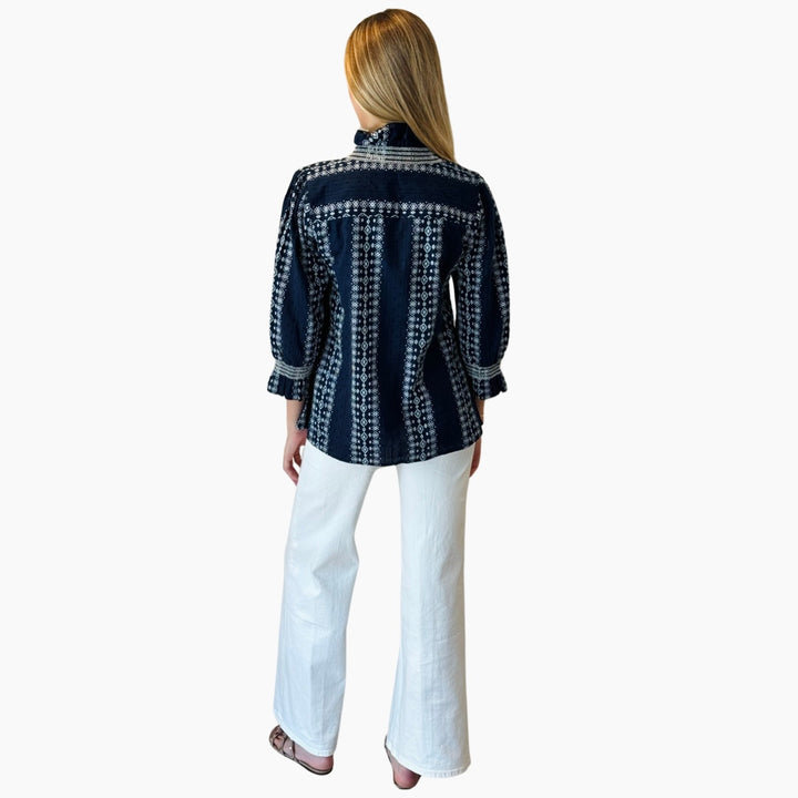 The Amelia Smocked Ruffle Front Top in Navy and White — view 5