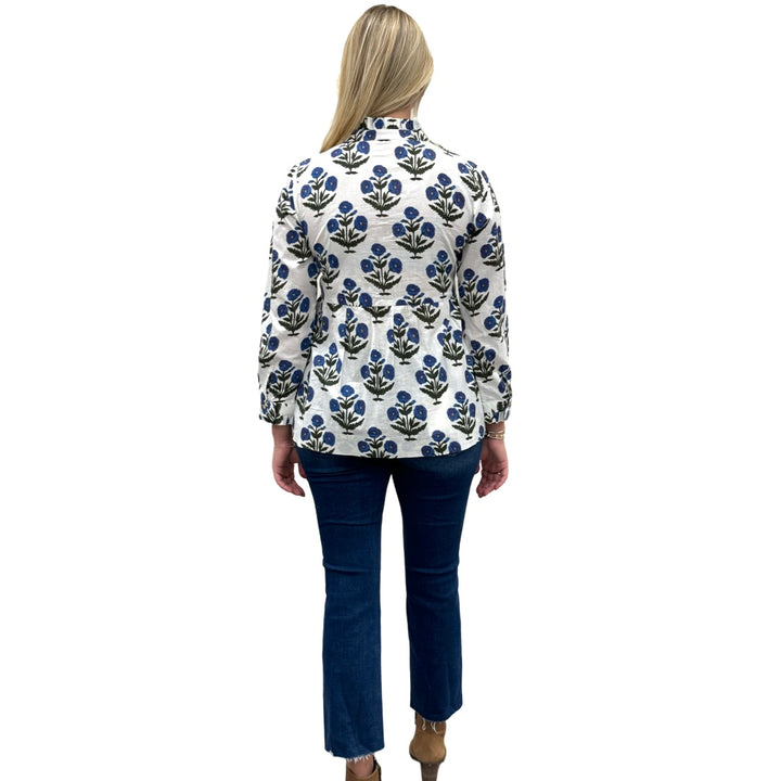 The Veronica Hand Block Smocked Top in Blue White Floral — view 6