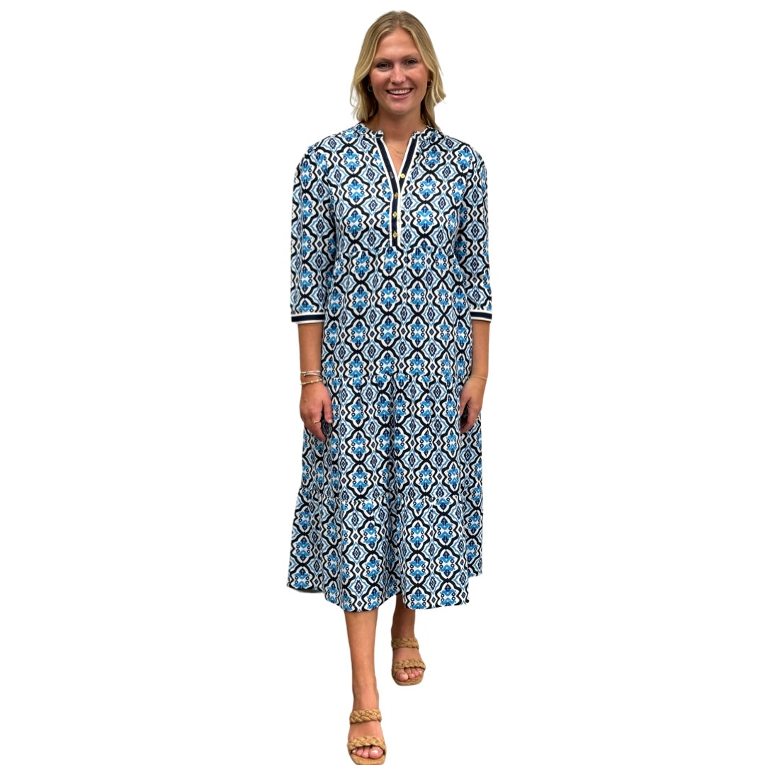 The Addison Blue White Geometric Tile Print Dress — view 3