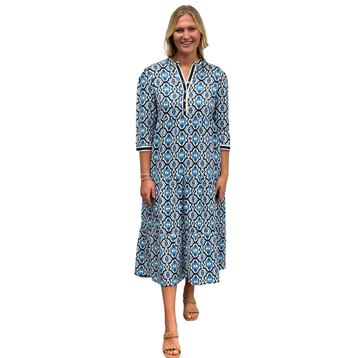 The Addison Blue White Geometric Tile Print Dress — view 3